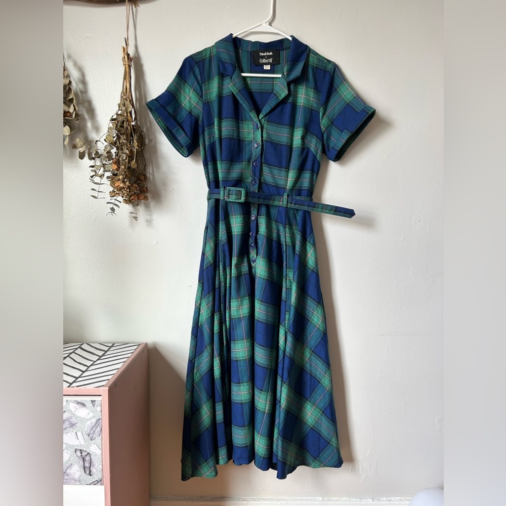 Modcloth Tartan Plaid Vintage Look Button Front Dress